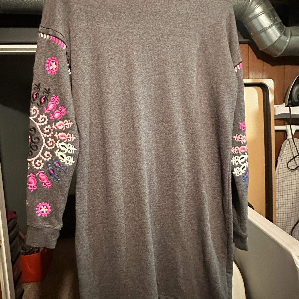 Boden Gray Knee Length Dress with Pink and Purple Embroidery